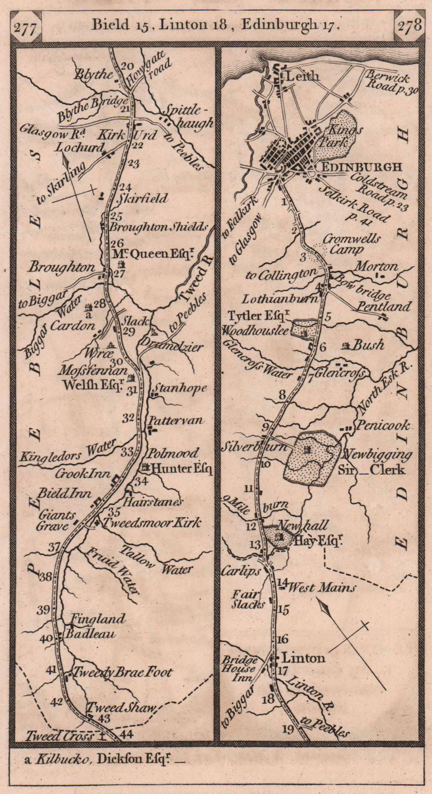 Linton - Edinburgh road strip map PATERSON 1803 old antique plan chart